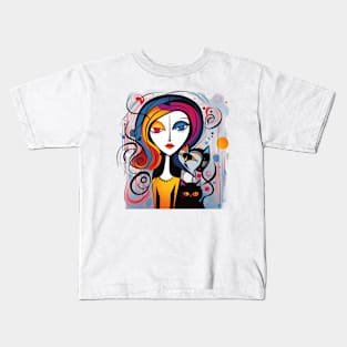 Crazy abstract woman and her cat Kids T-Shirt